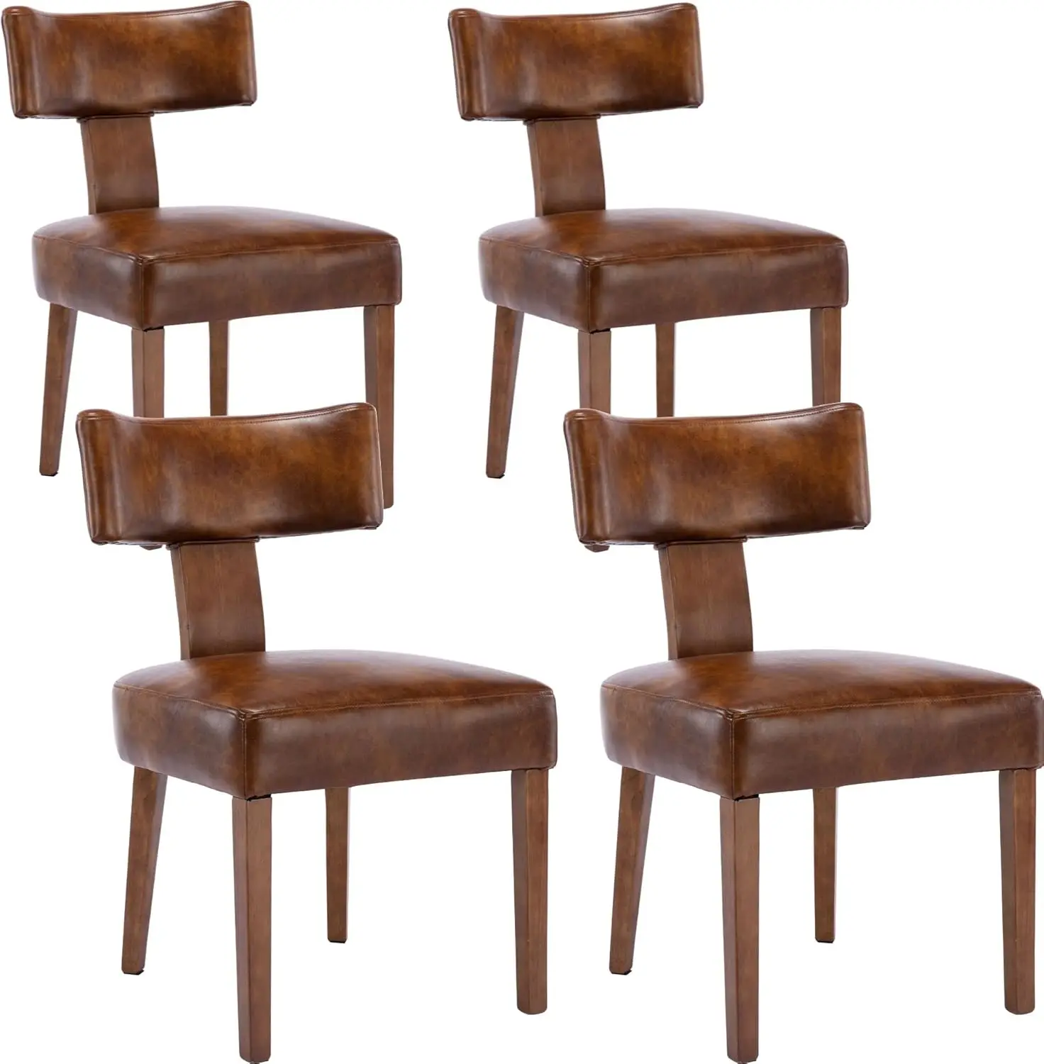 Modern Dining Chairs Set of 4 Comfy Upholstered Side Chairs with Wood Legs PU Leather Dining Chairs with Curved Wingback Brown