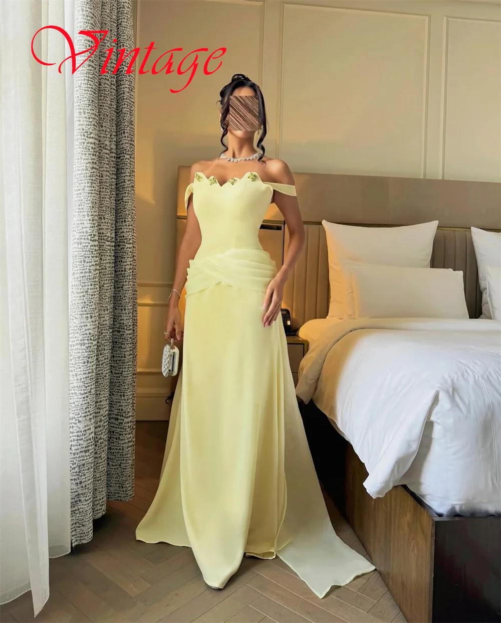 Customized Exquisite Yellow Jersey Evening Dress Elegant Off the Shoulder Strapless Zipper Back Chapel Train Homecoming Dress