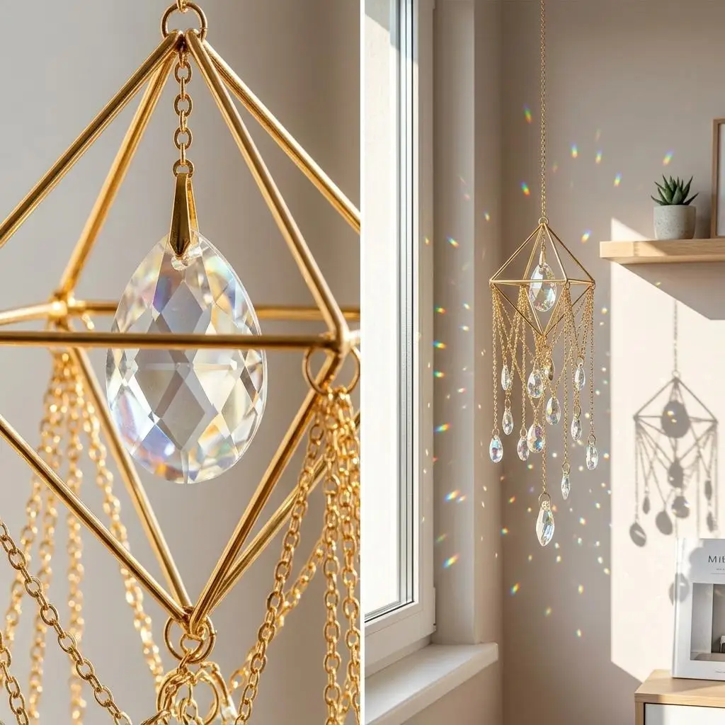 Elegant Crystal Sun Catcher Gold Metal Frame Rainbow Maker Prisms Hanging Suncatcher Prism Pendant Light Reflector Decor