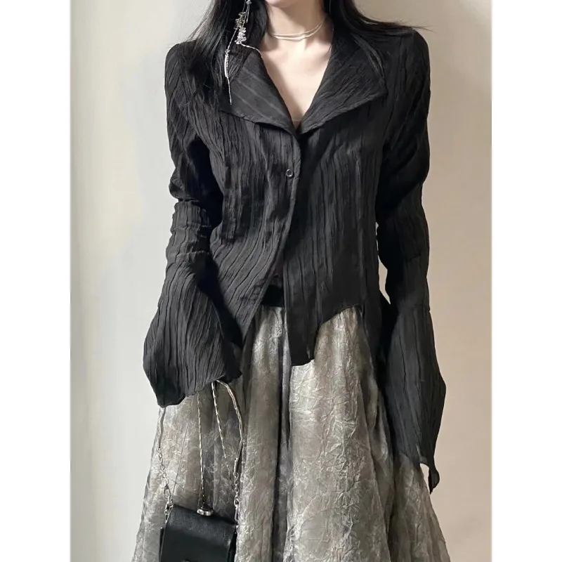 Gothic Black Shirt Yamamoto Style Dark Aesthetic Blouse Women Irregular Designer Clothes Emo Alt Clothes Grunge Tops Y2k