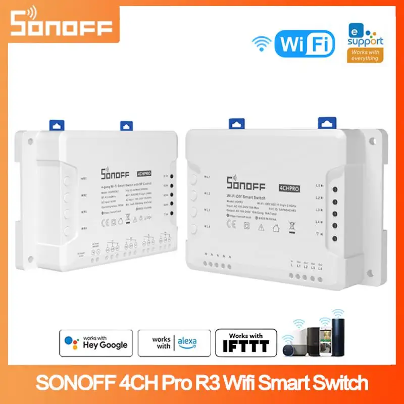 

SONOFF 4CH Pro R3 Wifi Smart Switch 10A/Gang 4 Channel 433 MHZ RF Remote Wireless Lights Switches Support Alexa Google Alice