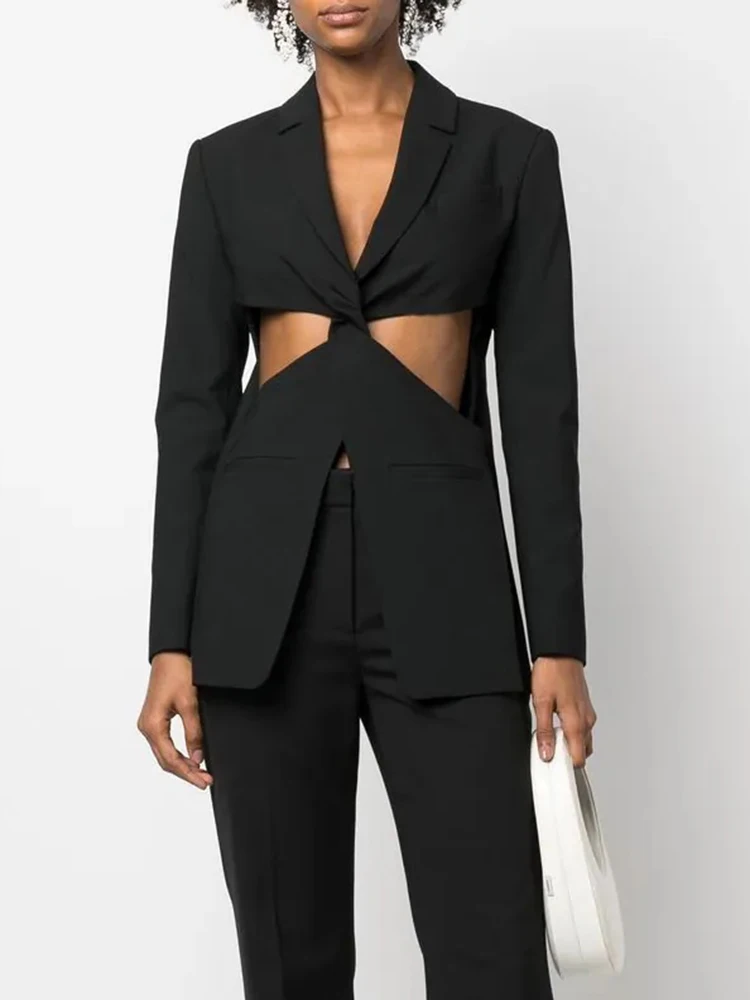 TWOTWINSTYLE-Blazers ahuecados sólidos para mujer, Blazer largo sin mangas con cuello con muescas, pliegues de retazos, elegante, ropa femenina