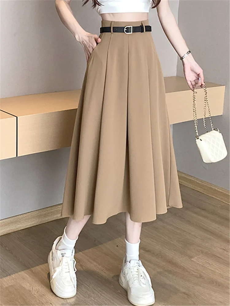 High Waist Green Women's Pleated Midi Skirts with Belted 2023 New Spring Summer Elegant Office Lady Umbrella Chic Skirts Female