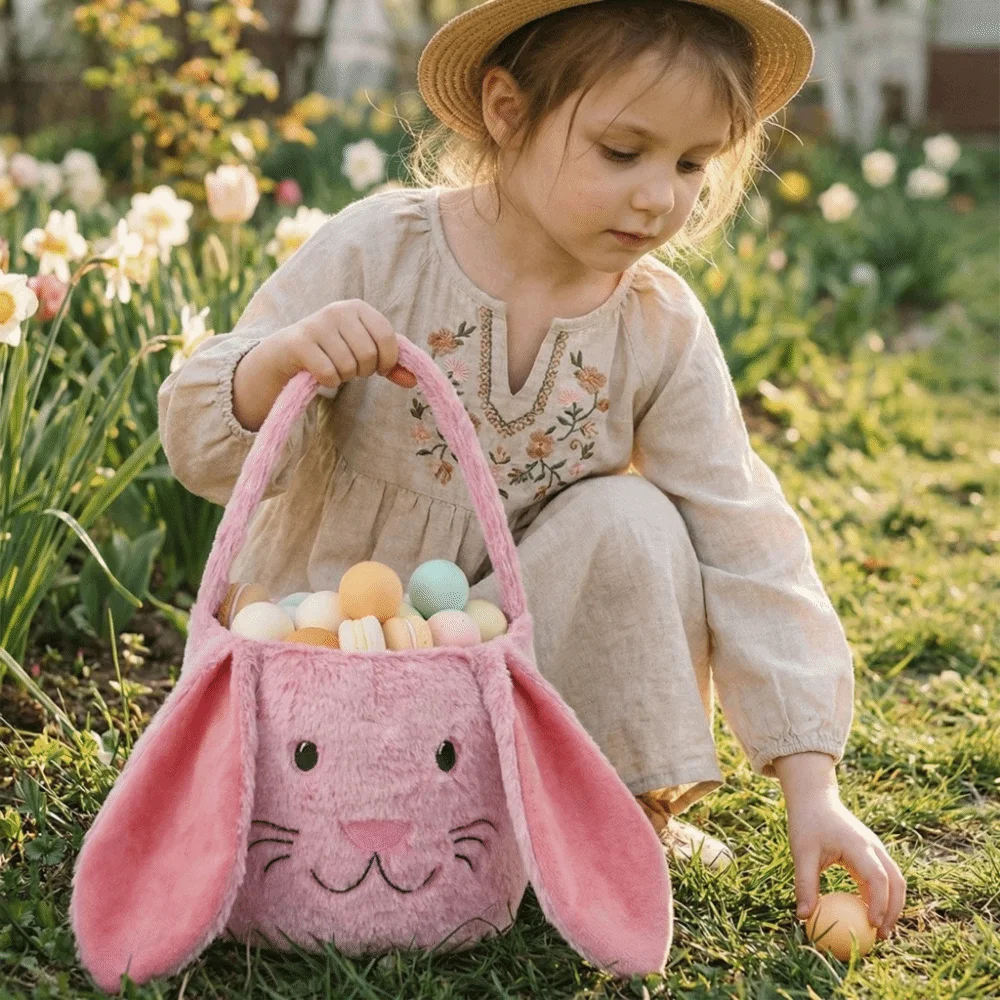 Cute Bunny Easter Basket Long Ear Soft Fluffy Basket Portable Large Capacity Easter Bucket Easter Party