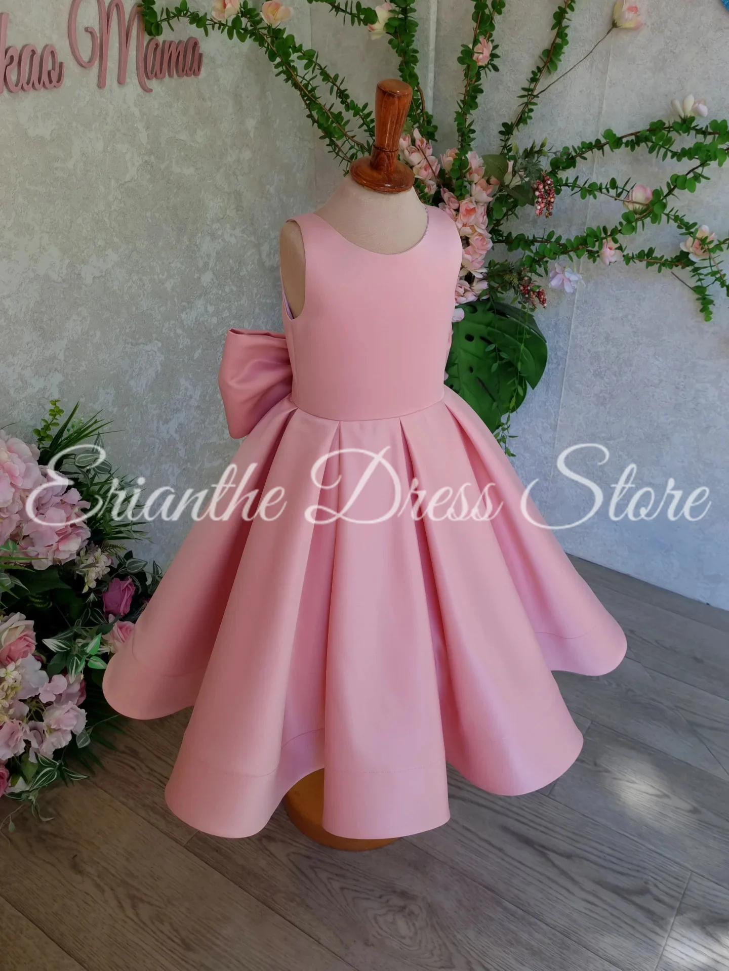 Pink Flower Girl Dress for Wedding Sleeveless Satin With Bow Customized Kids Birthday Party First Communion Ball Gown