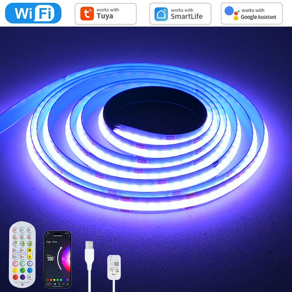 USB Tuya WiFi COB RGB LED Strip 5V 1M 2M 3M 4M 5M Remote Control Dimmable Flexible Cabinet Room Game Light For Alexa Google Home