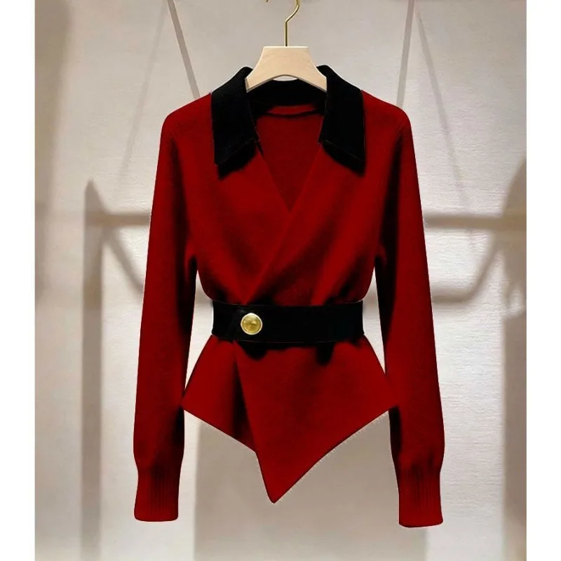 Splicing Knitted Top Light Luxury in Winter Unique Sense of High-end Super Good-looking Splicing Collar Waist Sweater Women's