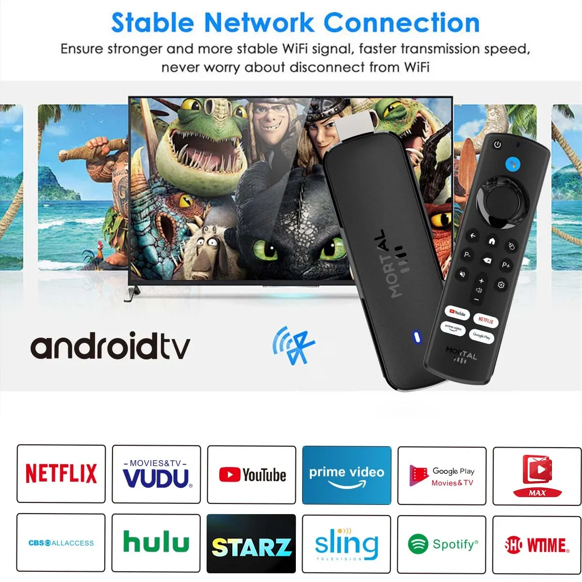 Mortal Q8 WIFI6 BT5.0 Google Voice Assistant AllwinnerH313 Android 14 Portable Android FireTV Stick Smart Streaming Media Player image 4