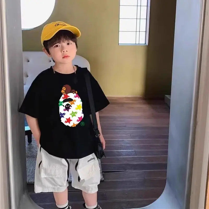 Japanese trendy brand children's pure cotton T-shirt summer new boy foreign style cartoon printing loose short-sleeved casual