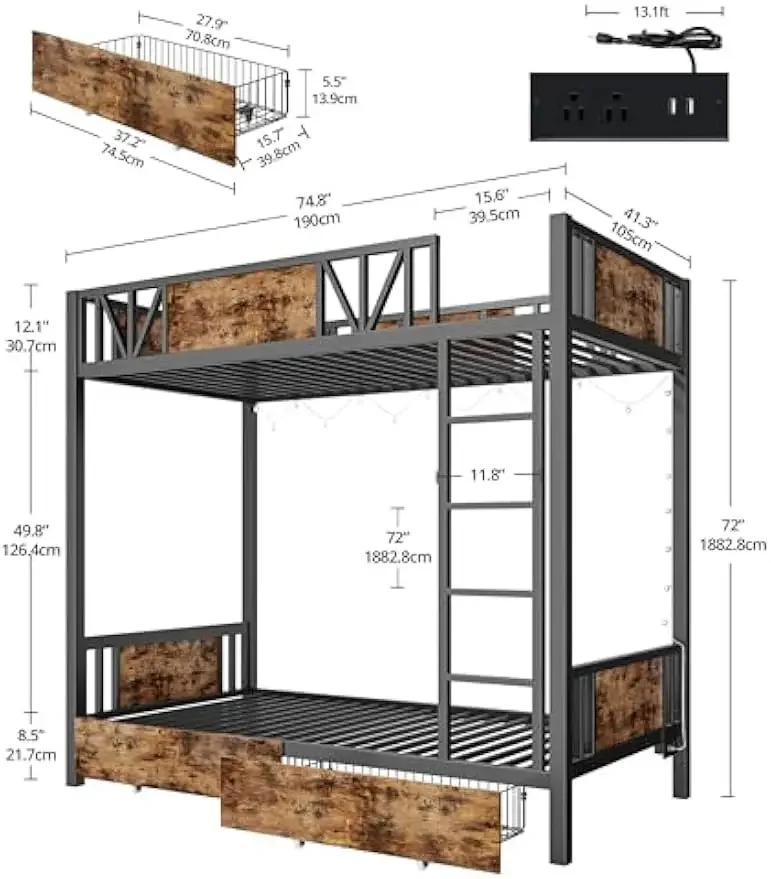 Bunk Bed Twin Over  2 Drawers, Metal Bed Frames with Ladder and LED Lighted for Dormitory