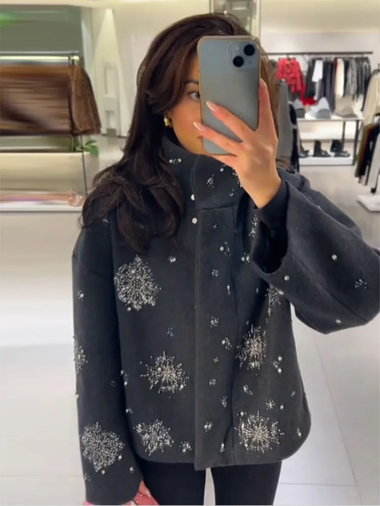 

Flower Woolen Coat Stand Collar Grey Sequin Short Overcoat High Neck Casual Loose Jacket Elegant Outwear Women's Clothing