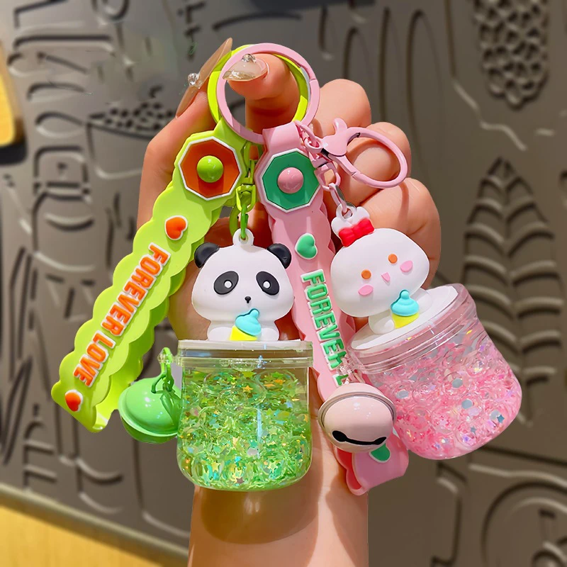 Cute Big Belly Colored Bead Cup Panda Rabbit Quicksand Bottle Keychain Floating Star Sequin Deer Feeding Bottle Liquid Key Chain