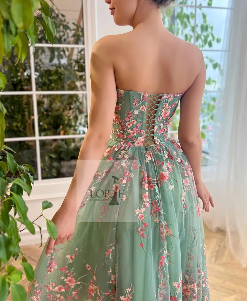 LORIE Strapless Embroidered Plum Blossom Prom Dresses A Line Ankle Length Floral Lace Prom Party Gowns 2023 Formal Evening Dress