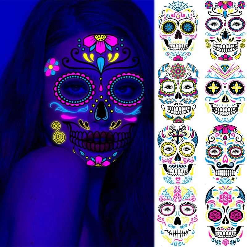Day of The Dead Fluorescent Temporary Face Tattoos Glow in Dark Skull Stickers Halloween Neon Party Cosplay Makeup Props