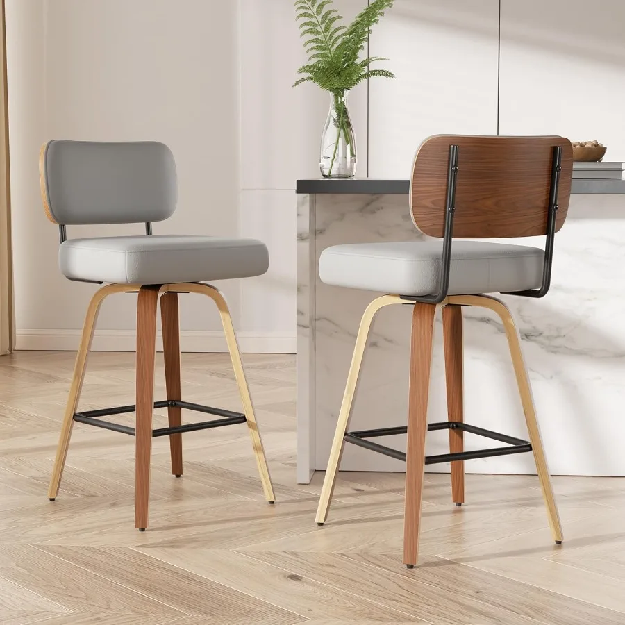 

Набор вращающихся барных стульев из 2 26-дюймовых барных стульев с обивкой из искусственной кожи, спинкой из орехового дерева и ножками из гнутой древесины середины века