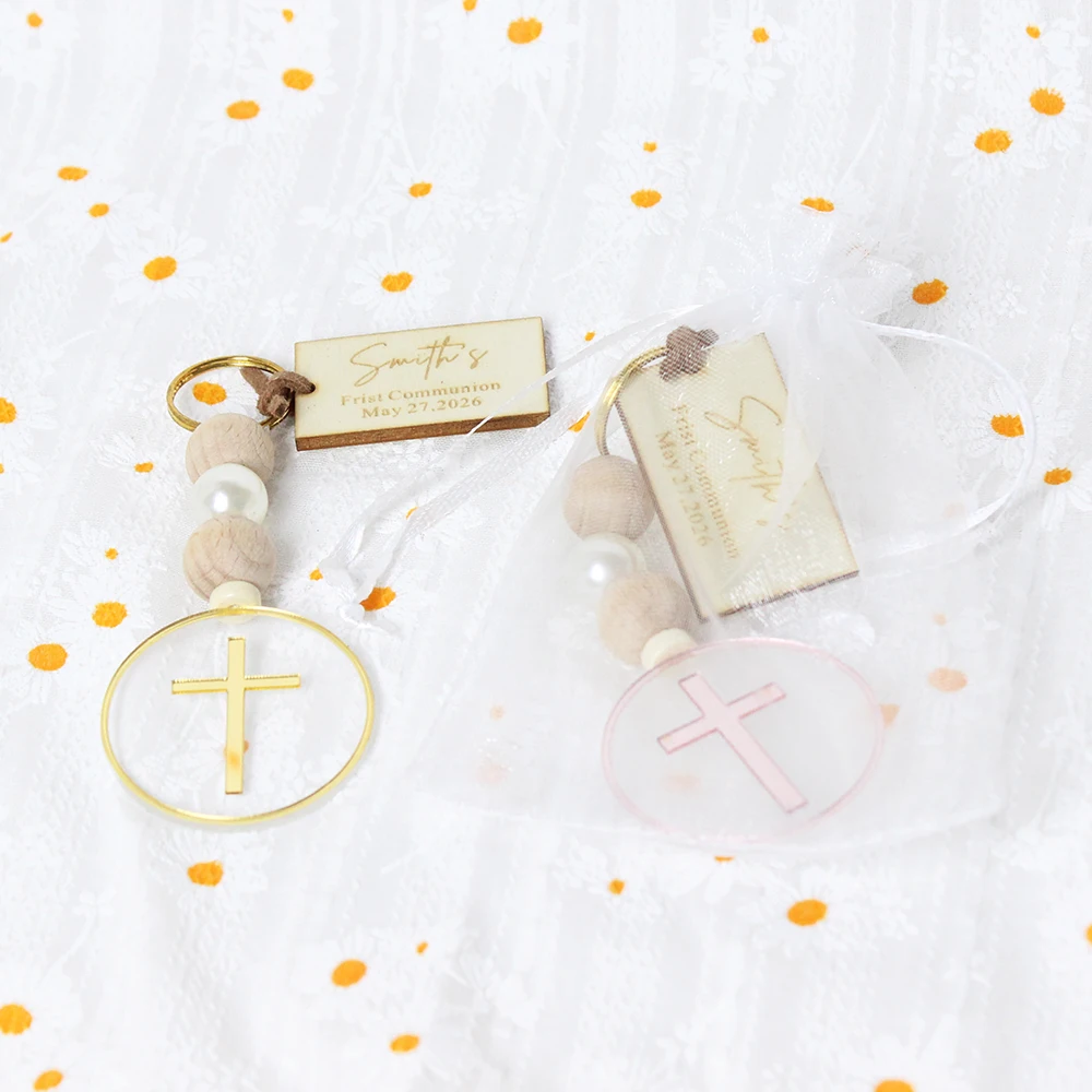 Llavero de cruz de bautismo personalizado, favores, etiquetas de madera grabadas para bebé, Mi Bautizo, regalos de bautismo grabados únicos, recuerdo de comunión