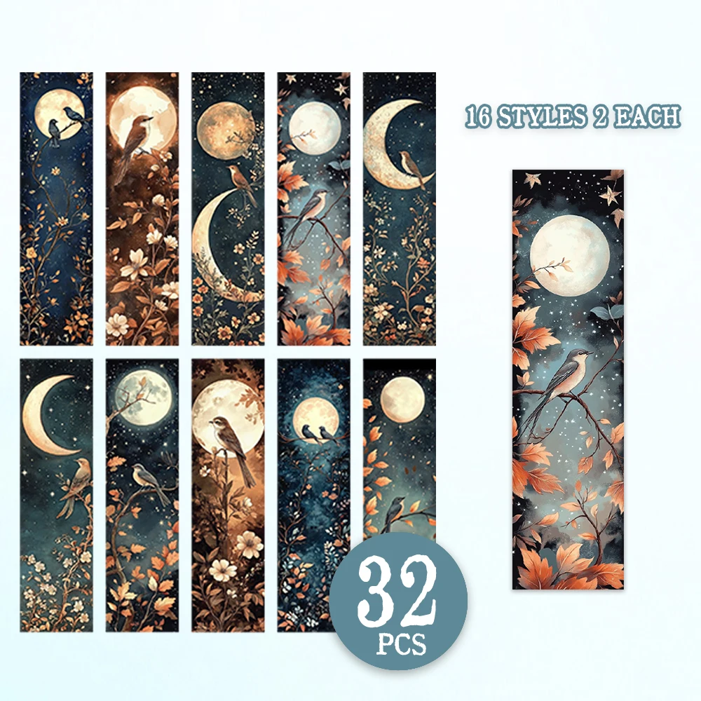32pcs Bookmarks Set,2 Designs,16 Sheets Per Design, Night Forest Style,Bird and Tree, Perfect for Teachers, Readers, Book Lovers