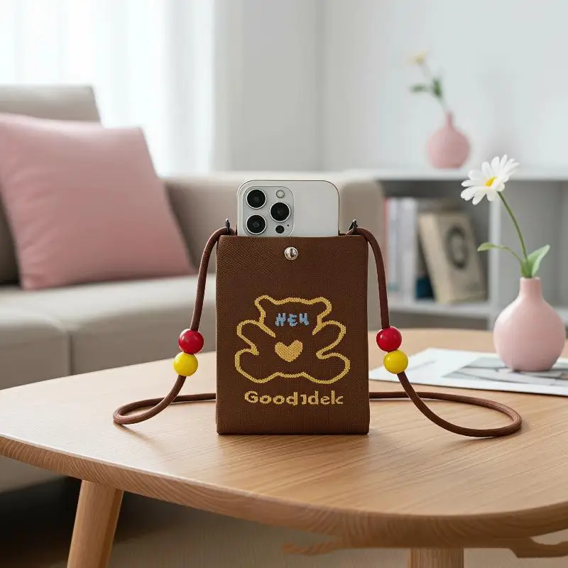 Cute Cartoon Knit Crossbody Phone Bag Eco-friendly Knit Material Adjustable Strap Mini Bag for Girls Gifts Daily Use