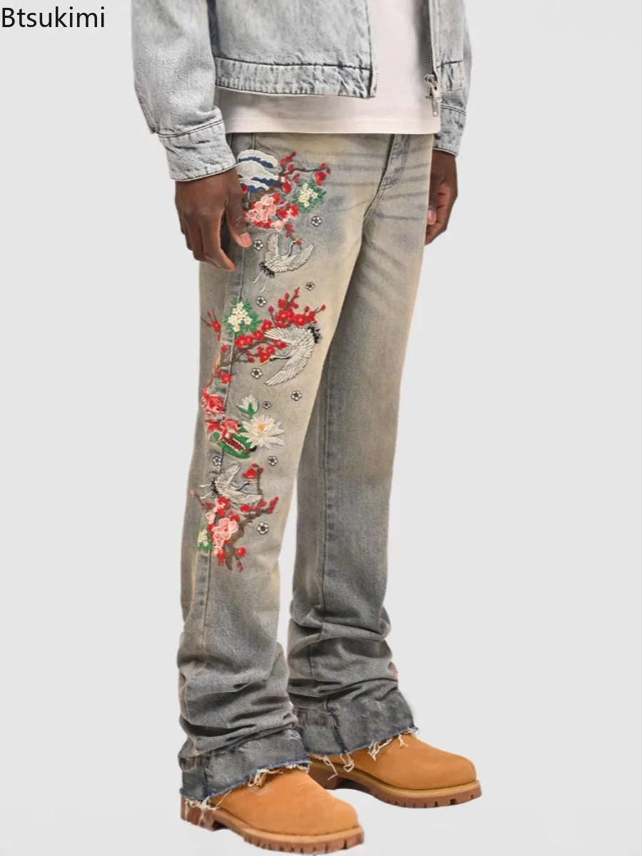 New Men's Straight Leg Jeans Male Fashion Streetwear Hot Selling Stretch Patch Decor Denim Pants Casual Male Daily Long Trousers