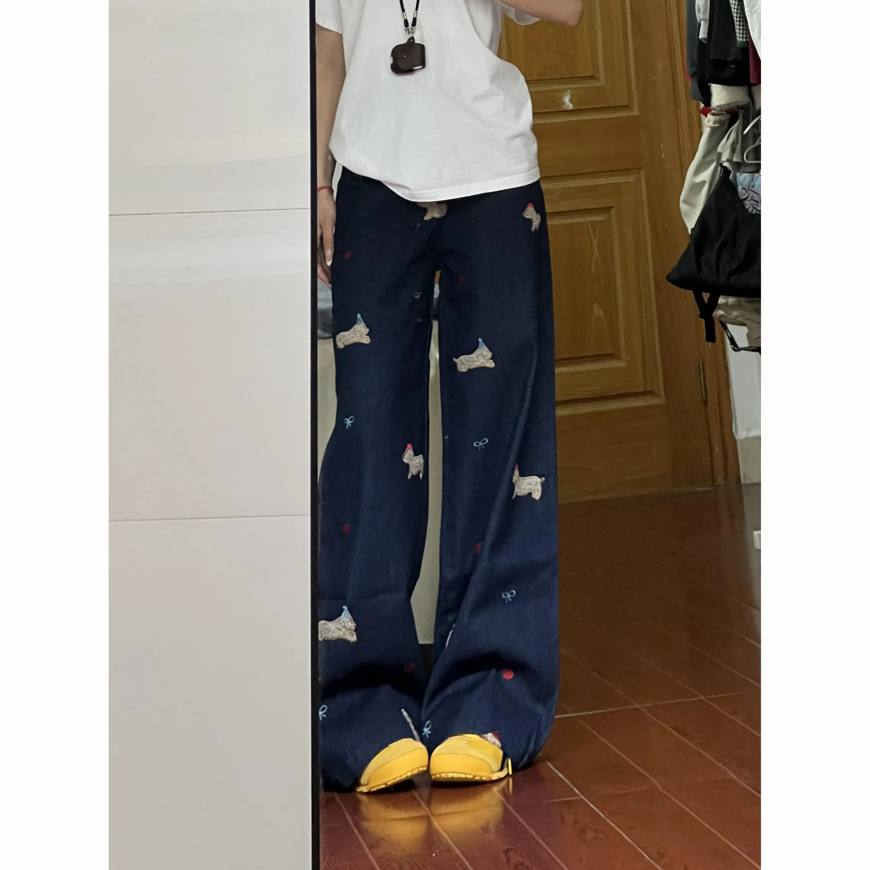 미국 하이 스트리트 디자인 도그 패치 자수 데님 팬츠 여성용 봄 가을 신상 섹시한 바닥 길이 트렌디