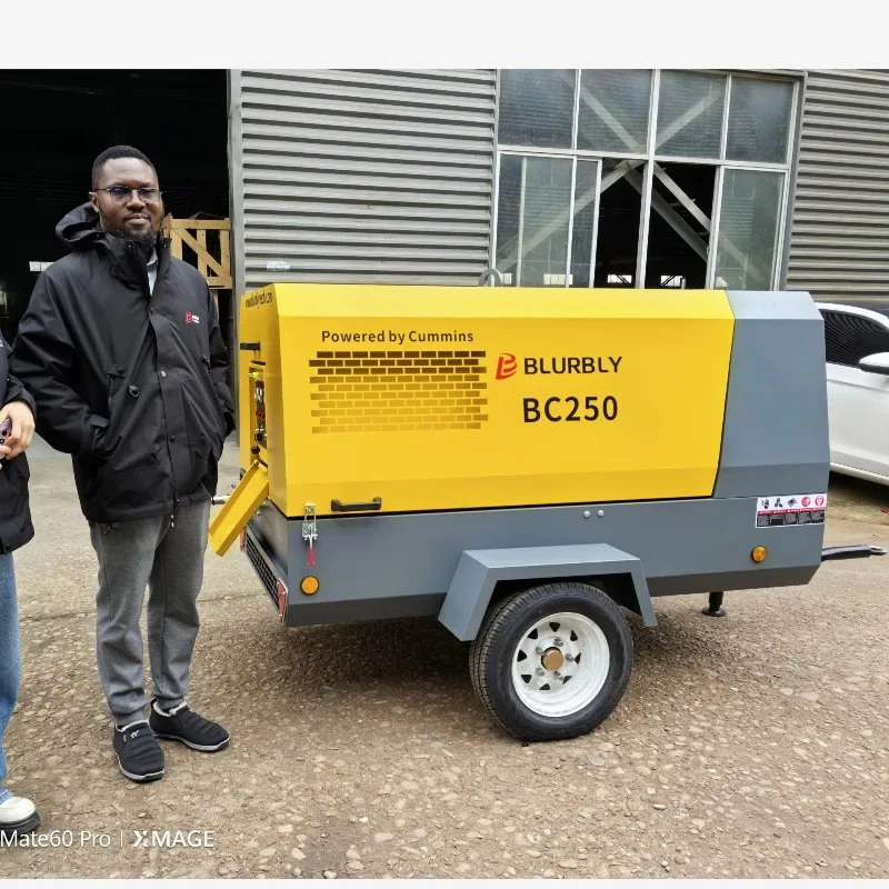 Blurbly High Efficiency Energy Saving 250 Cfm 60KW Air Cooled Screw Air Compressor Low Noise for Rock Drill Diesel Powered Pump