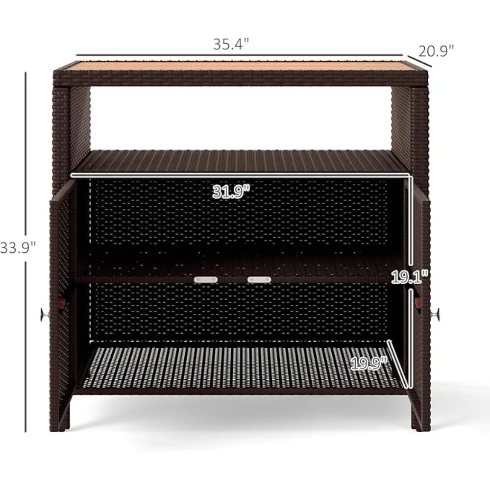 라탄 야외 바 테이블 (아카시아 나무 상판, 양문형 도어 및 선반 포함), 테라스 및 뒤뜰에 적합