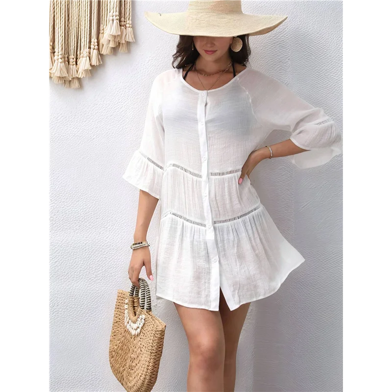 CYL-Womens Summer Button Down Shirt Dress Hollow Out Mini Dress 3/4 Bell Sleeve Tiered Dress Loose Beach Dress