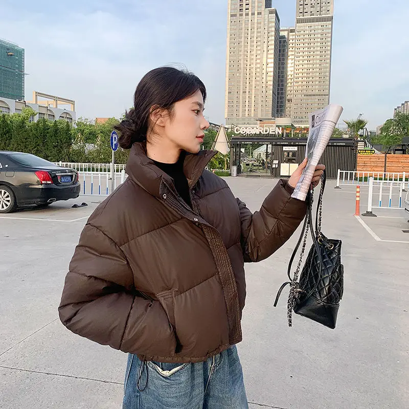 Women's Clothing PU Leather Crop Jacket No Washing Required Short Tops New Winter Warm Thicken Stand-up Collar Bread Cotton Coat