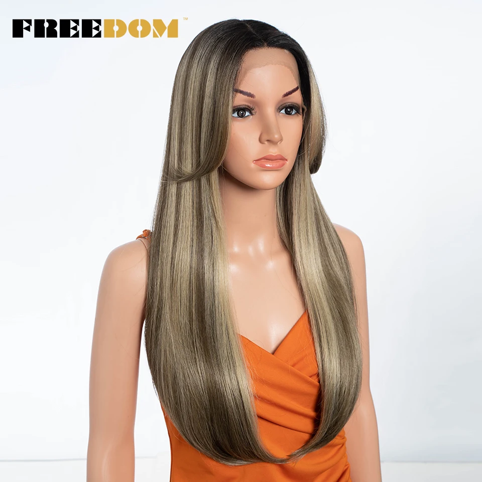 FREEDOM  Straight Synthetic Lace Front Wigs For Women Wig With Bangs 24 inches Ombre Brown Blonde Lace Wigs Cosplay Wig