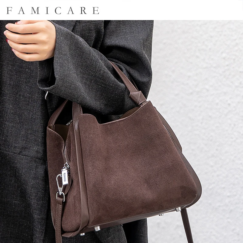 Designer Vintage Suede Leather Bucket Bag Korean Style Unique Shoulder Crossbody Handheld Tote Women Practical Versatile Handbag