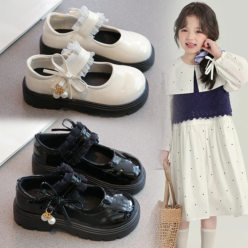 Soft PU Leather Glossy Girls Princess Shoes Ruffles with Pearls Pendant Kids Black Mary Janes for Wedding Party Fashion Autumn