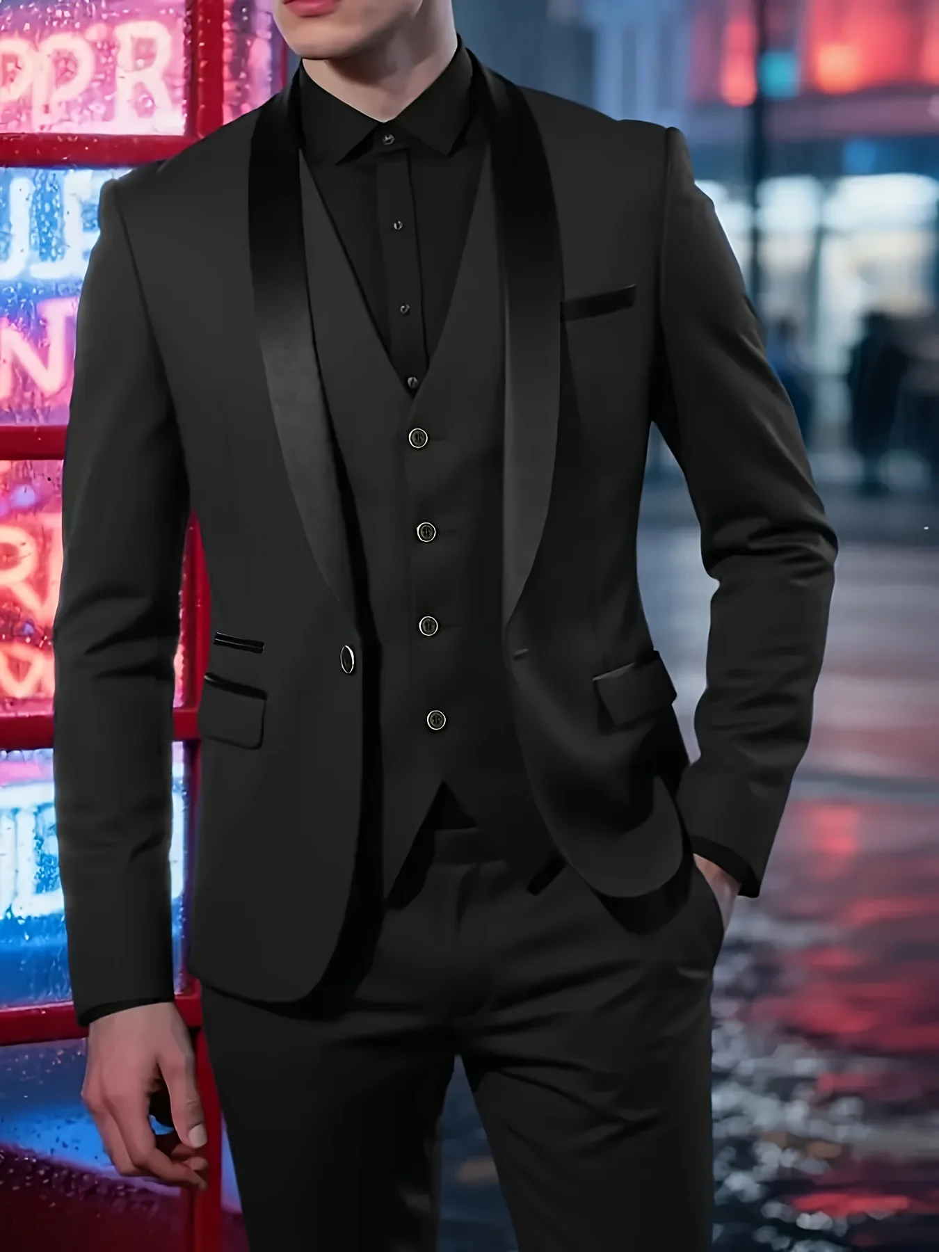 

Men's three-piece suit, wedding outfit, suit and pants with vest, formal attire for important occasions.