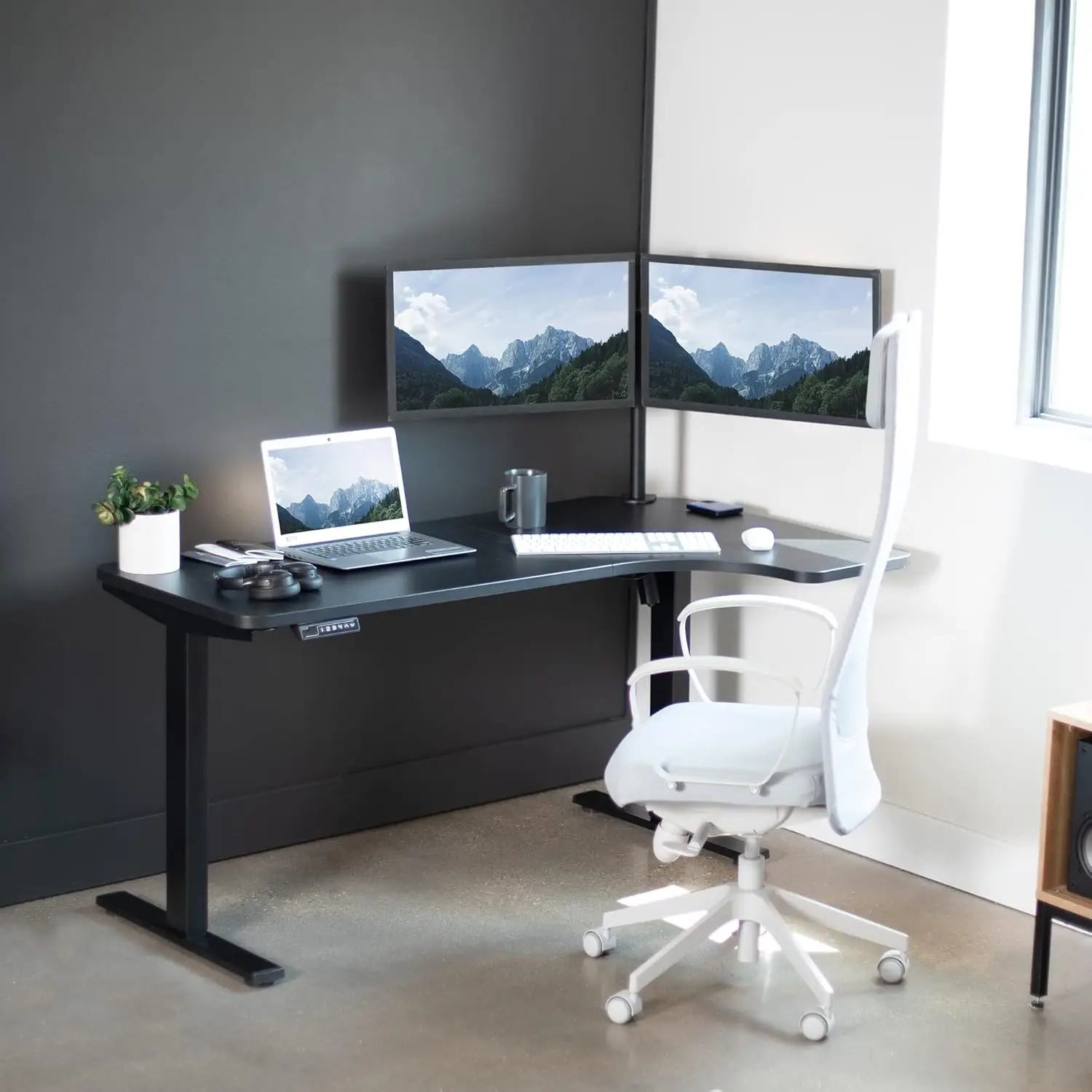 Electric Height Adjustable L Shaped 58 x 35 inch Corner Standing Desk, Black Reversible Table Top, Black Frame