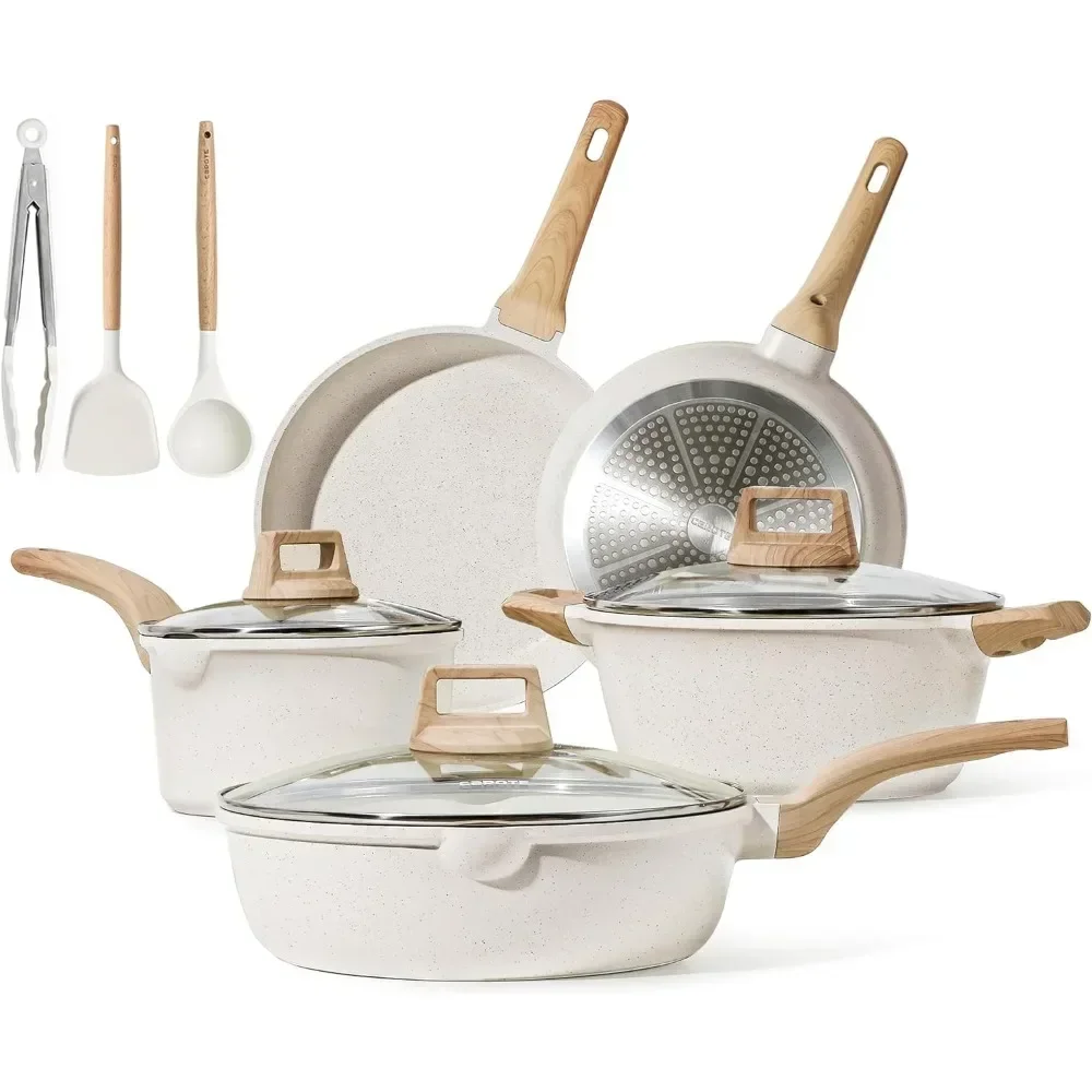 

Pots and Pans Set Nonstick, White Granite Induction Kitchen Cookware Sets,11 Pcs Non Stick Cooking Set w/Frying Pans & Saucepans