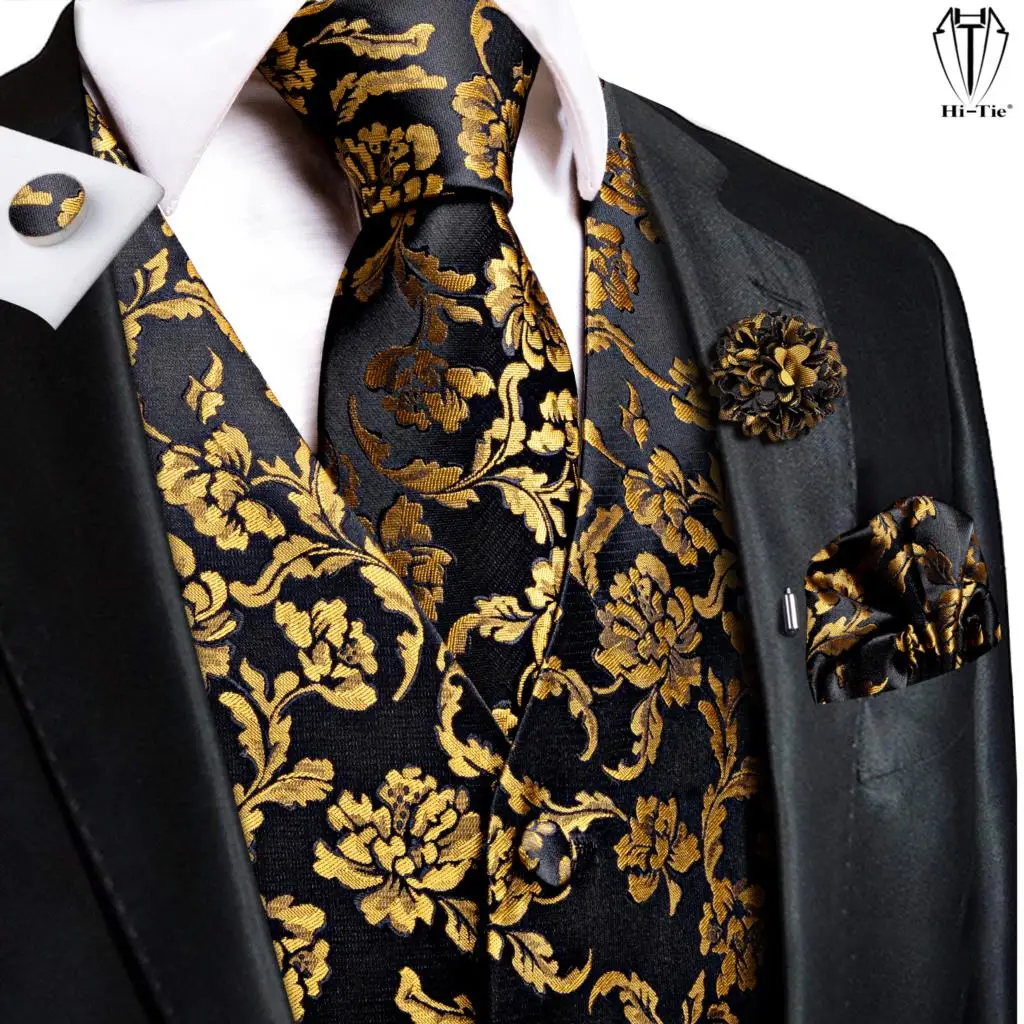 Hi-Tie Luxury Mens Vests Black Gold Floral Jacquard Waistcoat Tie Hanky Cufflinks Brooch Set for Men Suit Wedding Office XL - AliExpress 200000343 Hi-Tie Luxury Mens Vests Black Gold Floral Jacquard Waistcoat Tie Hanky Cufflinks Brooch Set for Men Suit Wedding Office XL - AliExpress 200000343