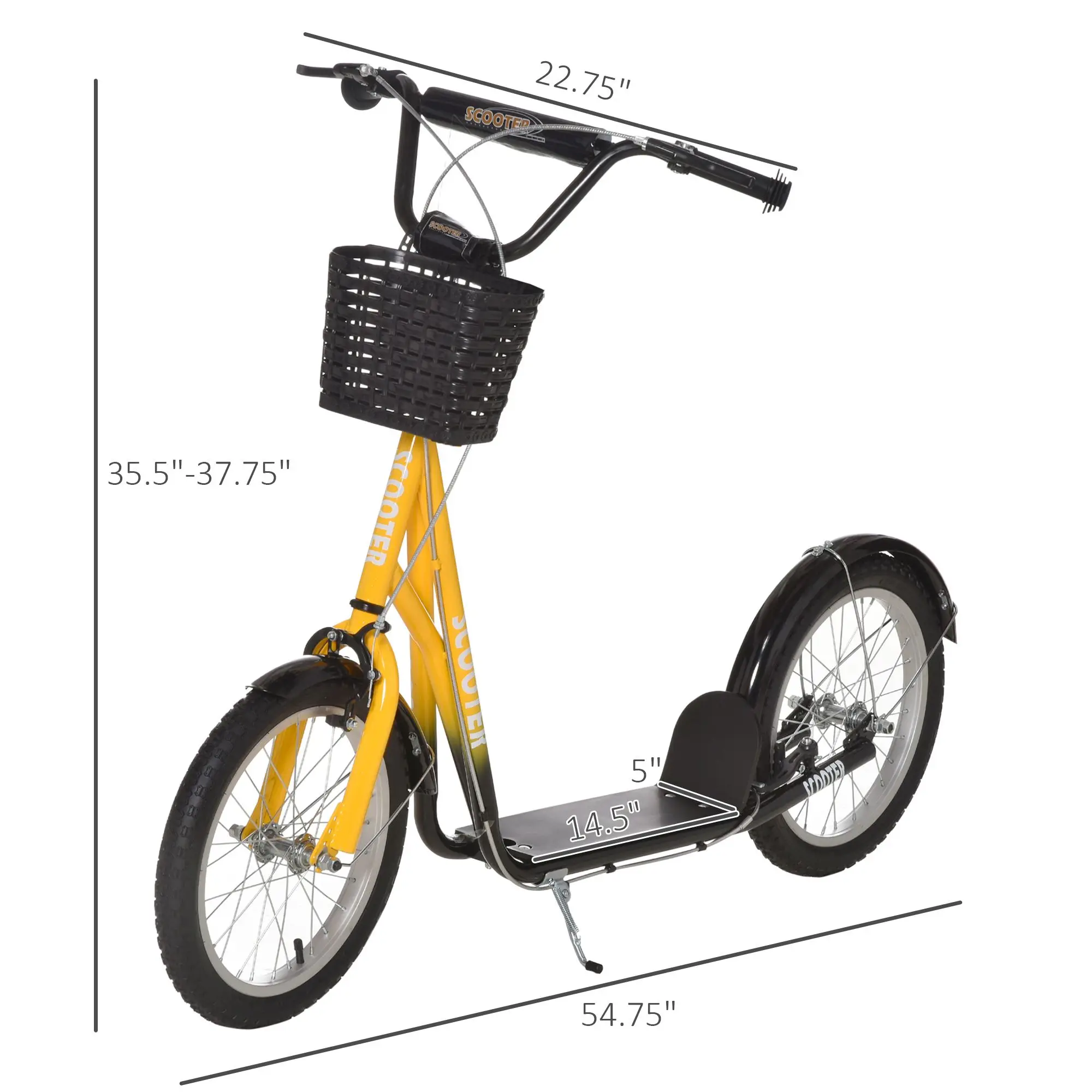 outh Scooter, Tretroller mit verstellbarem Lenker, Doppelbremsen, 16" aufblasbare Gummibänder, Korb, Getränkehalter, Orange