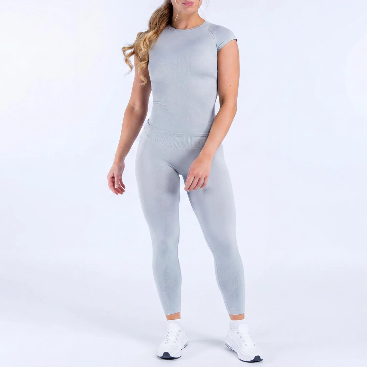 WAREBALL Damen 2-Teiliges Nahtloses Fitness-Outfit Kurzarm-Oberteil Hochgeschnittene Leggings Gym Workout Sportbekleidung Yoga-Set – Detail 6