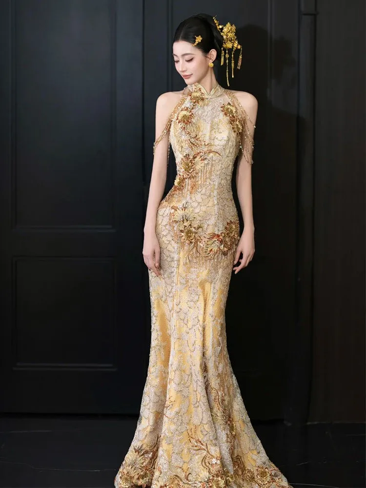 Champagne-colored toasting dress bride's cheongsam fishtail light luxury new Chinese-style heavy industry engagement