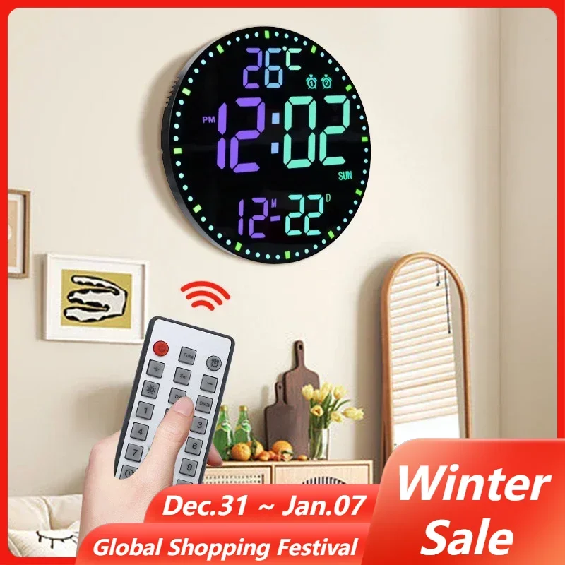 RGB Perpetual Calendar Electronic Alarm Clock Wall Hanging Temperature Date Time Week Display LED Digital Clock for Living Room