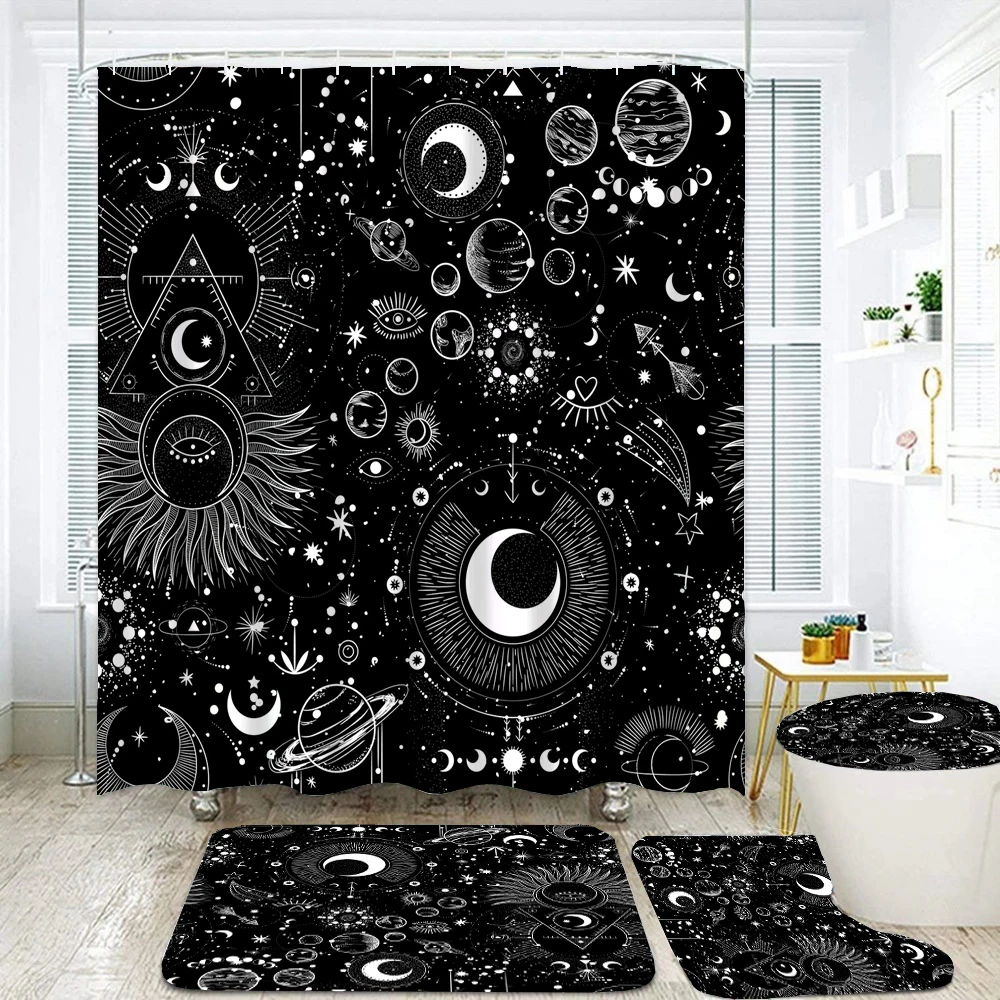 Black White Sun Moon starry Shower Curtain Set Bathroom Shower Curtain Non-Slip Bath Mat Toilet Lid Cover Polyester Waterproof