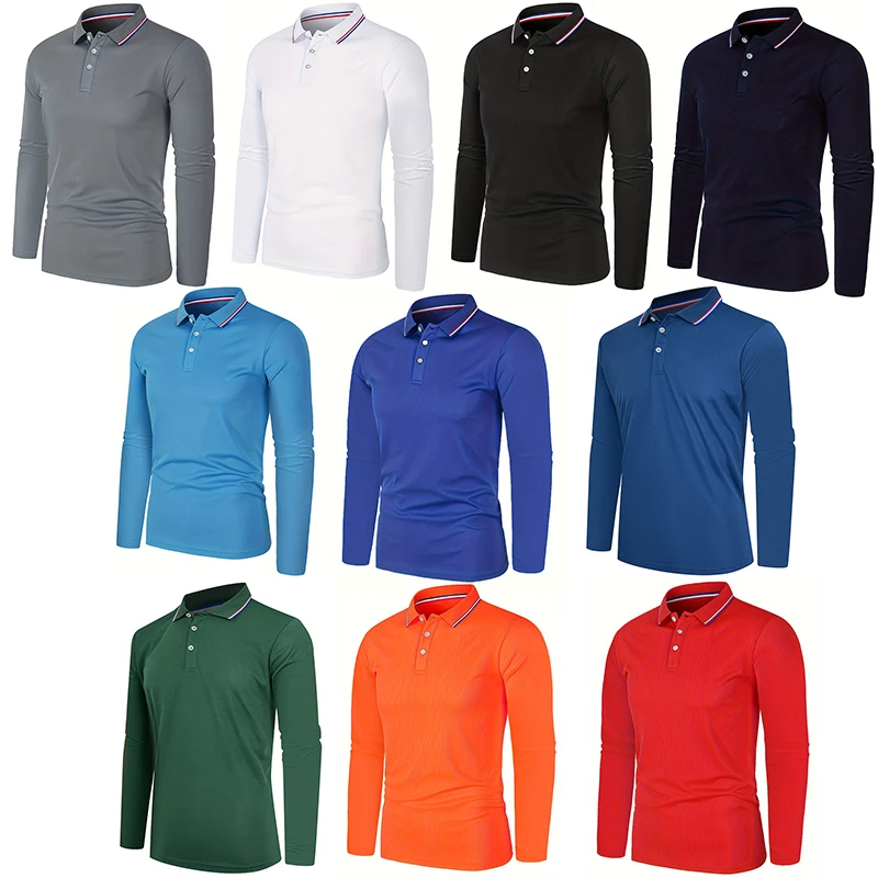 Men Spring Long Sleeve Polo Shirt Business Button Turn Down Lapel Pure Solid Slim Fit Soft Comfortable Golf Shirt Dropshipping