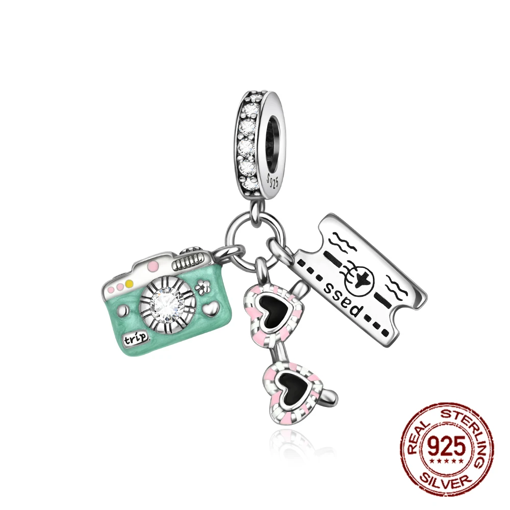

925 Sterling Silver Plane Ticket Sunglasses Travel Souvenir Charm Pendant Fit Original Charm Bracelets Women DIY Jewelry Gift