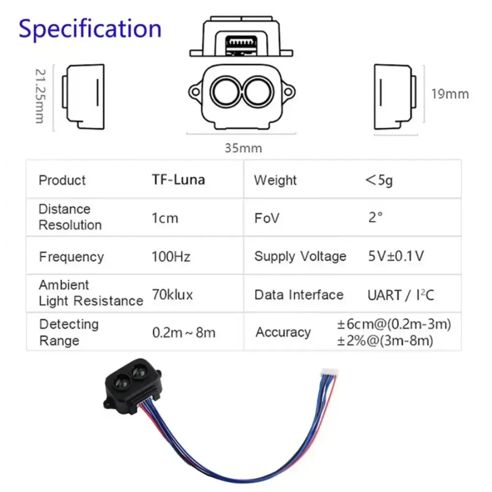 1/2/4PCS TF Luna LiDAR Ranging Sensor Module 5V UART/IIC Single-Point Micro Ranging Module for Arduino Pixhawk