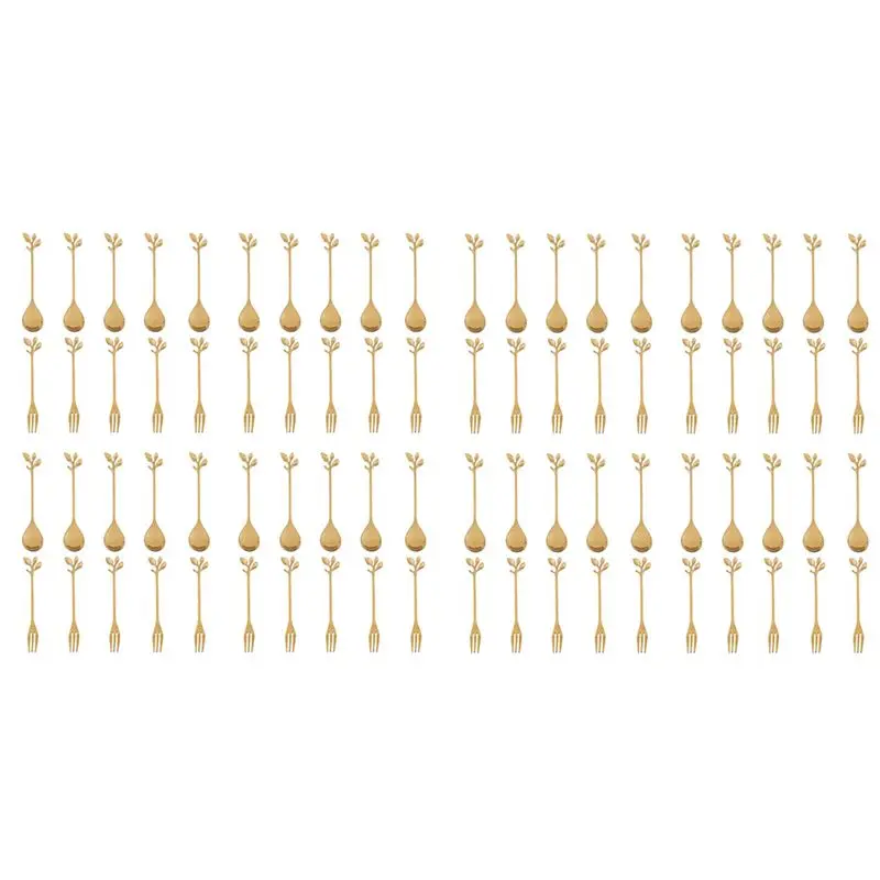 40Spoon+40Forks Stainless Steel Leaf Coffee Cake Spoon Fork Dessert Spoons, Stirring Teaspoon Set Golden