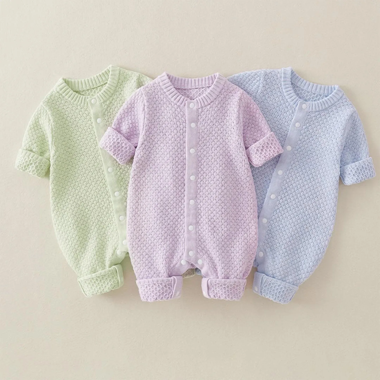 

Newborn Baby Sweater Rompers Long Sleeves Press Buttons Solid Color Knitted Jumpsuit Fall Winter Infant Clothes Home Daily Wear