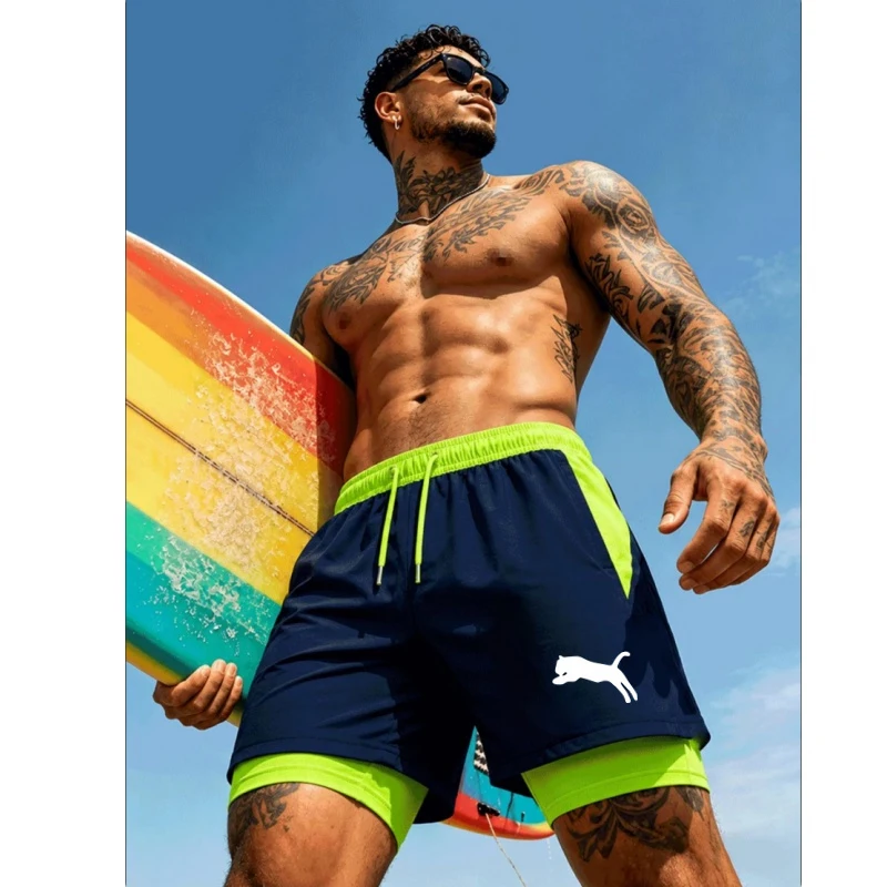 Men Running Cheetah Leopard Silhouette Print 2-In-1 Compression Liner Swim Shorts Quick Dry Surf Board Shorts Athletic Beach