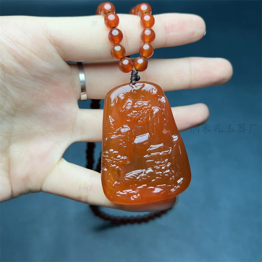 Natural Agate Chinese Red Chalcedony Artistic Conception Landscape Pendant, Simple and Versatile Pendant for Men and Women