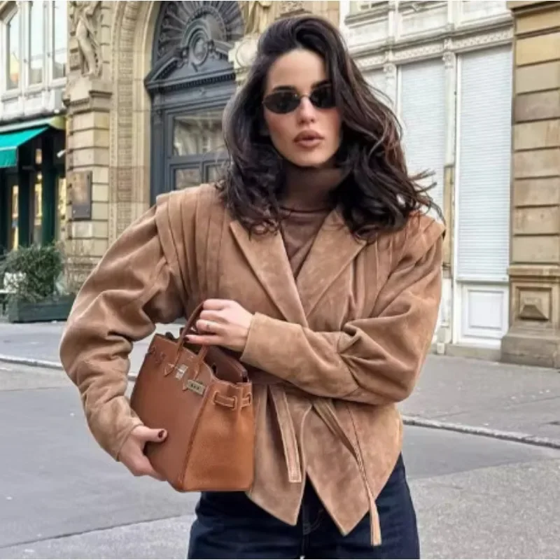 

Women Solid Lace Up Suede Jacket Elegant Lapel Full Sleeves Fashion Cropped Coats Lady Chic Commute Street Chic Outwear 2025