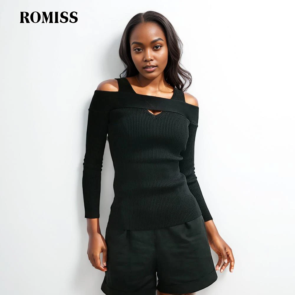 ROMISS Solid Minimalist Hollow Out Sweater For Women V Neck Long Sleeve Slimming Casual Knitting Sweaters Female Clothing New