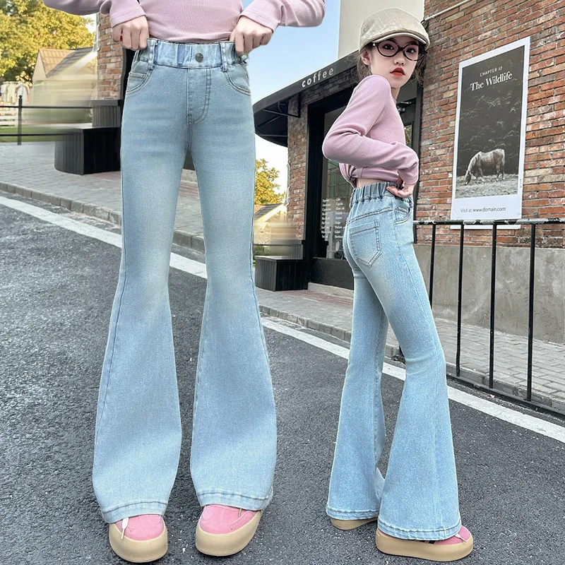 

Fashion Children Light Blue Skinny Flared Jeans for Girls Vintage Slim Fit Denim Pants New Kids Designer Bootcut Jeans Trousers
